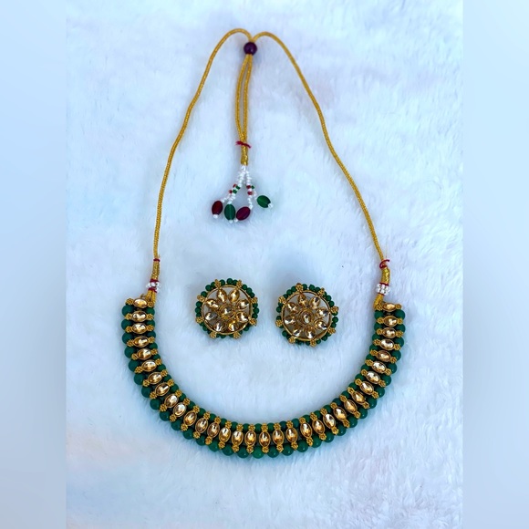 Light weight Choker set with Studs in green and gold color~Indian Jewelry - Picture 2 of 2